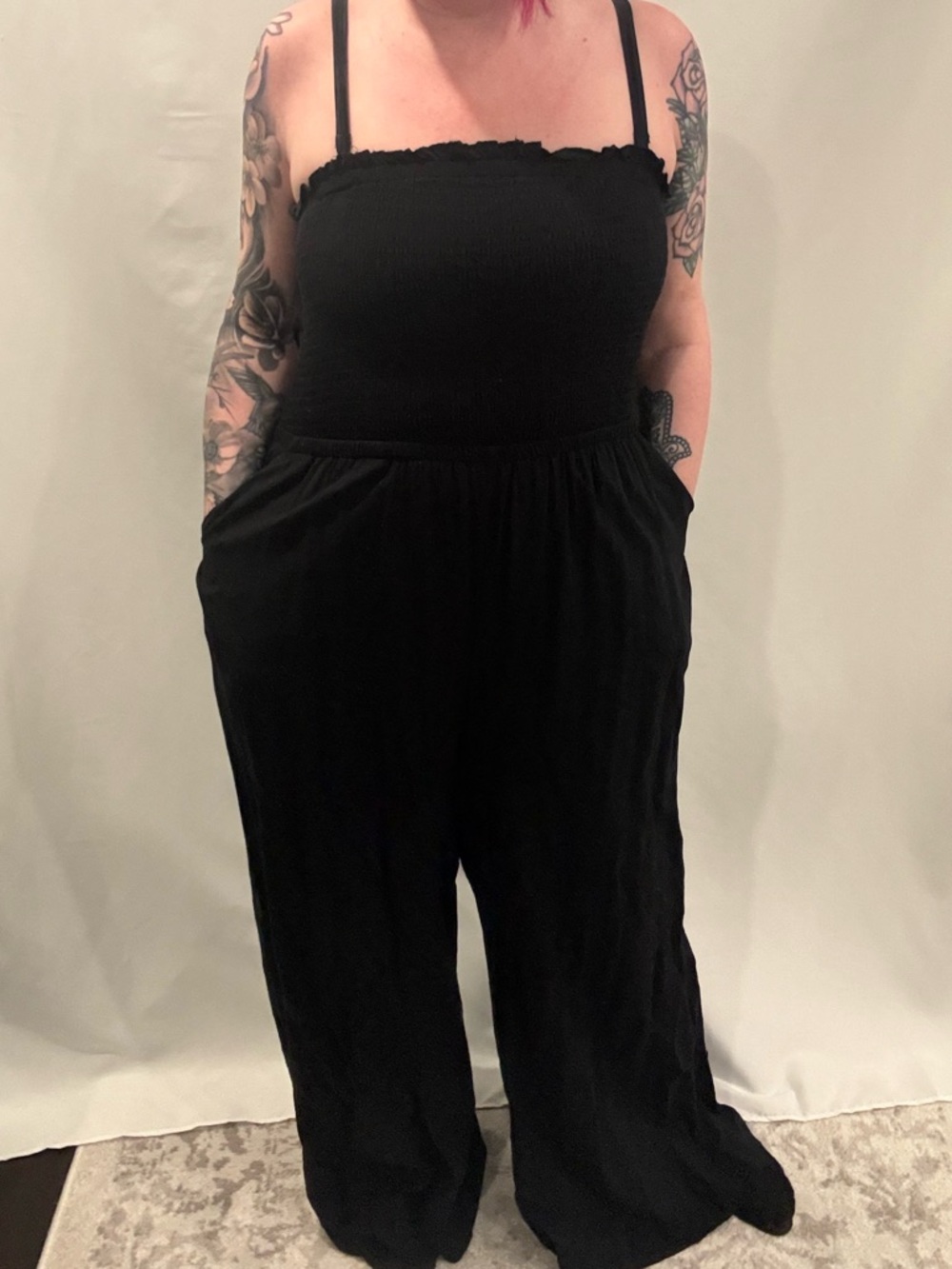 torrid Black Smocked Wide-Leg Jumpsuit with Pockets - Picture 2 of 5